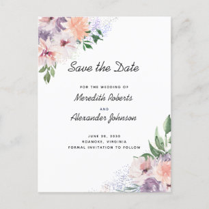 Dusty Purple Peach Floral QR Code Save The Date Announcement Postcard