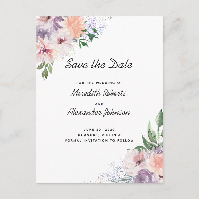 Dusty Purple Peach Floral QR Code Save The Date Announcement Postcard (Front)
