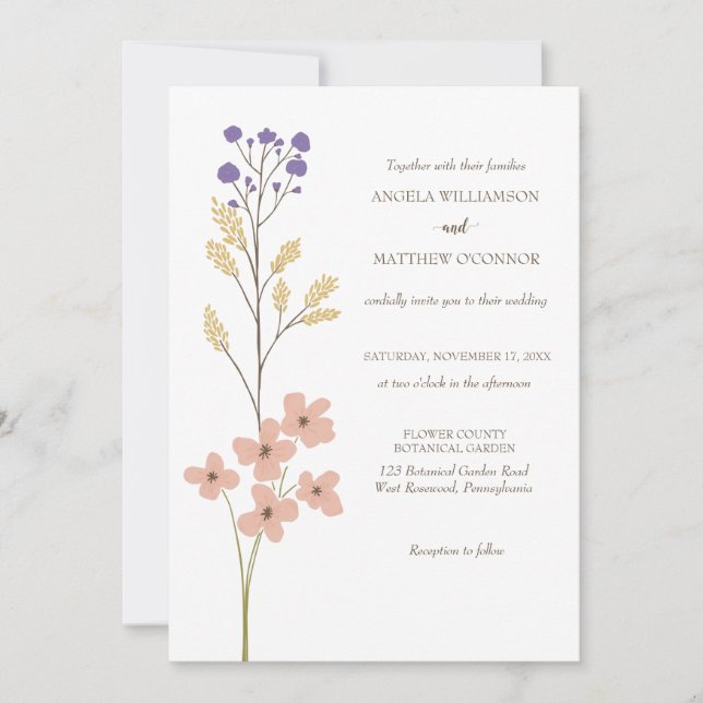 Dusty Purple, Peach Simple Floral Wedding Invitation (Front)
