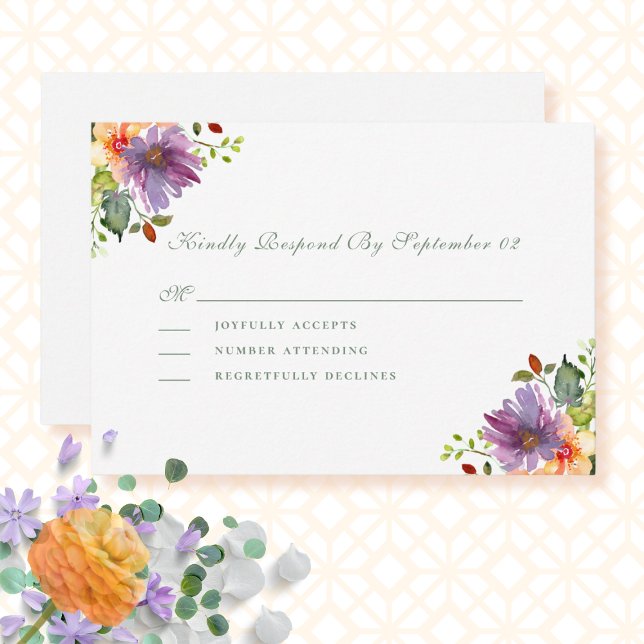 Dusty Purple Peach Watercolor Floral Wedding RSVP  (Creator Uploaded)