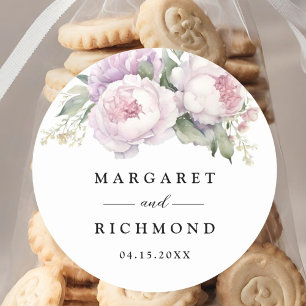 Dusty Purple Peony Elegant Watercolor Wedding Classic Round Sticker