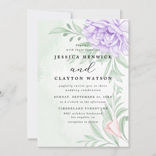 Dusty Purple Peony Rose Greenery Leaves Wedding Invitation (Front)