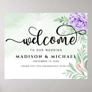 Dusty Purple Peony Rose Greenery Leaves Wedding Poster