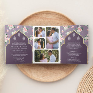 Dusty Purple Pink Floral All in One Indian Wedding Tri-Fold Invitation