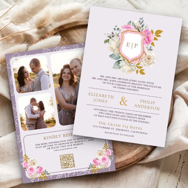 Dusty Purple Pink Floral QR Code Crest Wedding Invitation (Creator Uploaded)