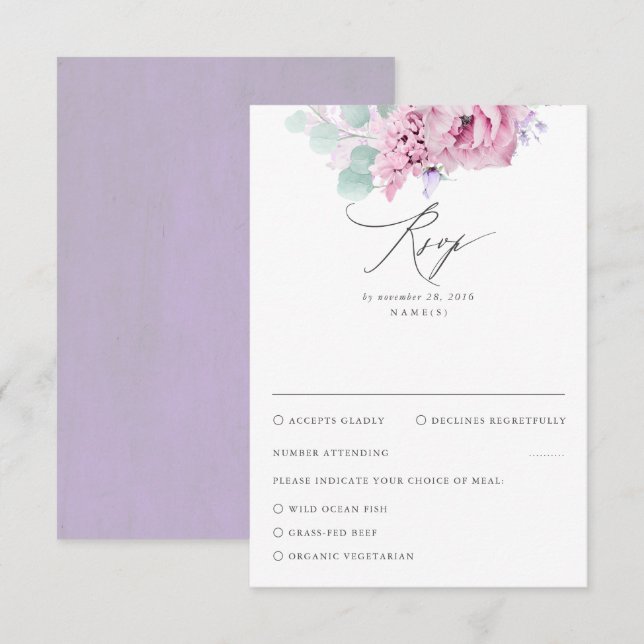 Dusty Purple Pink Floral Wedding RSVP (Front/Back)