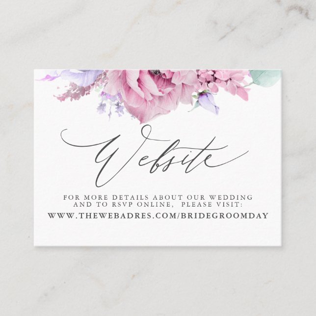 Dusty Purple Pink Floral Wedding Website Card (Front)