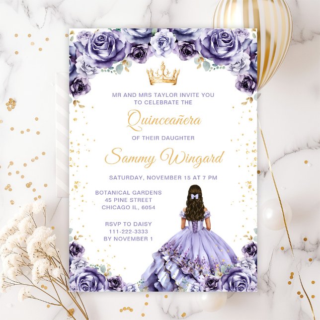 Dusty Purple Princess Floral Quinceañera Invitation (Creator Uploaded)
