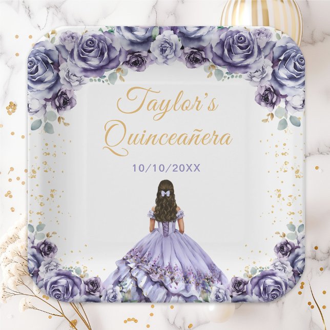 Dusty Purple Princess Floral Quinceañera Paper Plate (Creator Uploaded)