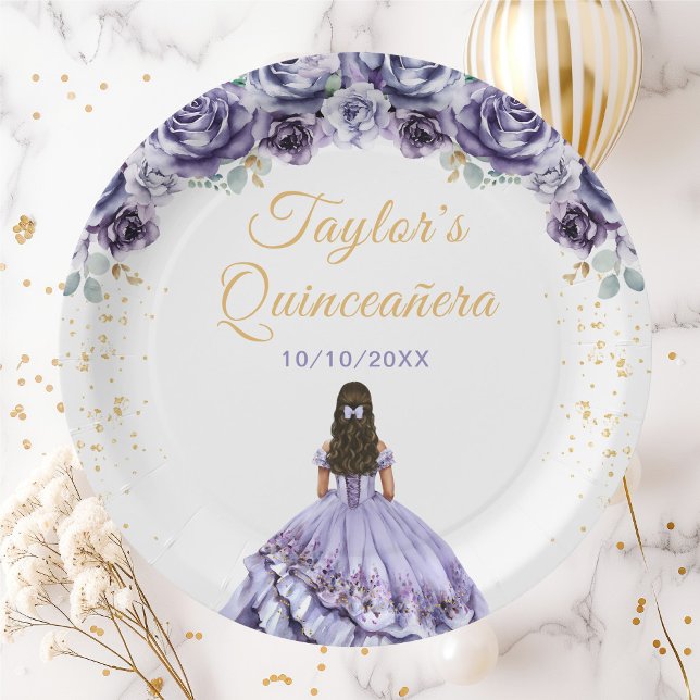 Dusty Purple Princess Floral Quinceañera Paper Plate (Creator Uploaded)