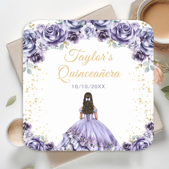 Dusty Purple Princess Floral Quinceañera Square Paper Coaster (Creator Uploaded)