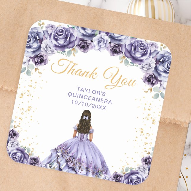 Dusty Purple Princess Quinceañera Thank You Square Sticker (Creator Uploaded)