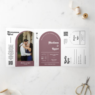 Dusty Purple Retro Boho Arch Photo QR Code Wedding Tri-Fold Invitation