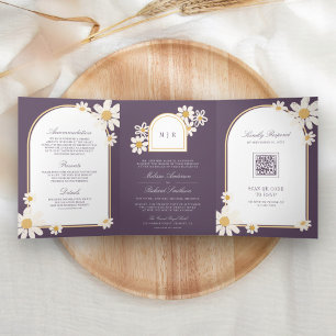Dusty Purple Retro Yellow Daisy All in One Wedding Tri-Fold Invitation