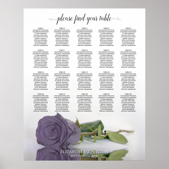 Dusty Purple Rose 20 Table Wedding Seating Chart (Front)