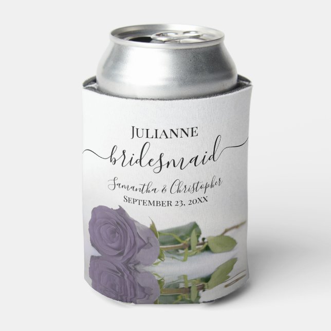 Dusty Purple Rose Elegant Bridesmaid Wedding Can Cooler (Can Front)