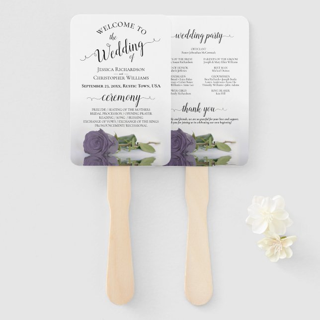 Dusty Purple Rose Elegant Wedding Program Hand Fan (Front and Back)