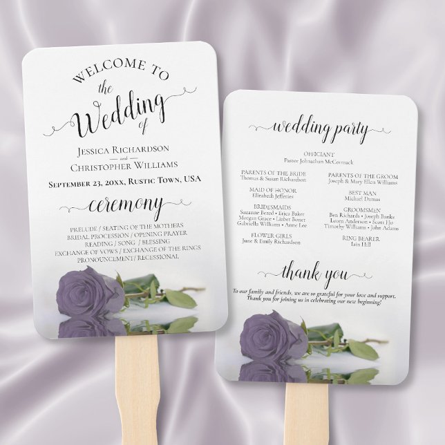 Dusty Purple Rose Elegant Wedding Program Hand Fan (Front/Back)