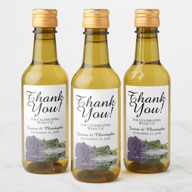 Dusty Purple Rose Elegant Wedding Thank You Mini Wine Label (Bottles)