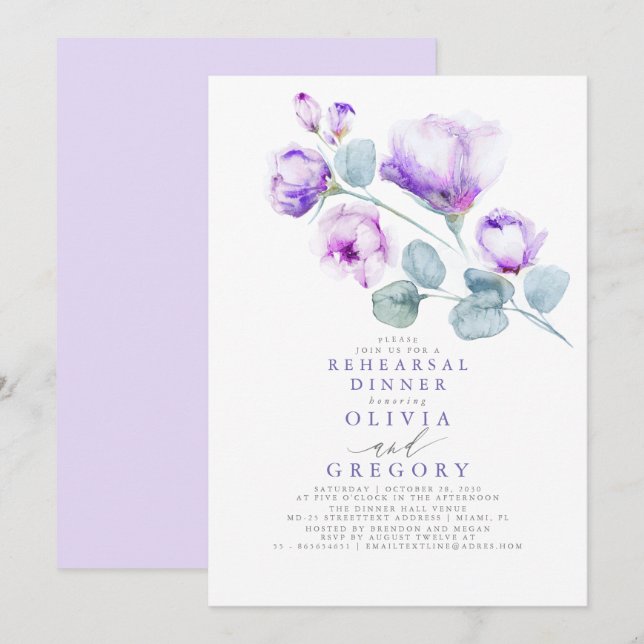 Dusty Purple Rose Floral Elegant Rehearsal Dinner Invitation (Front/Back)