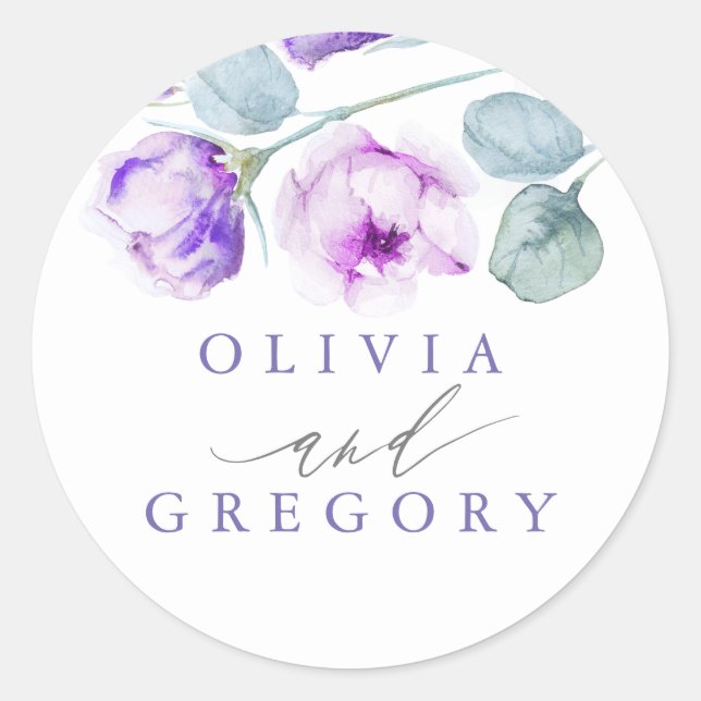 Dusty Purple Rose Floral Elegant Wedding Classic Round Sticker (Front)