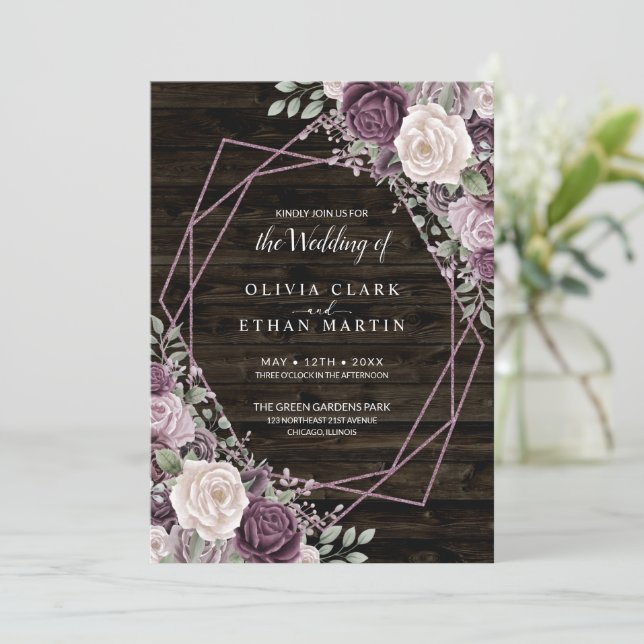 Dusty Purple Rose Floral Geometric on Dark Wood Invitation (Standing Front)