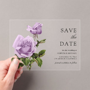 Dusty Purple Rose Floral Wedding Save the Date Acrylic Invitations