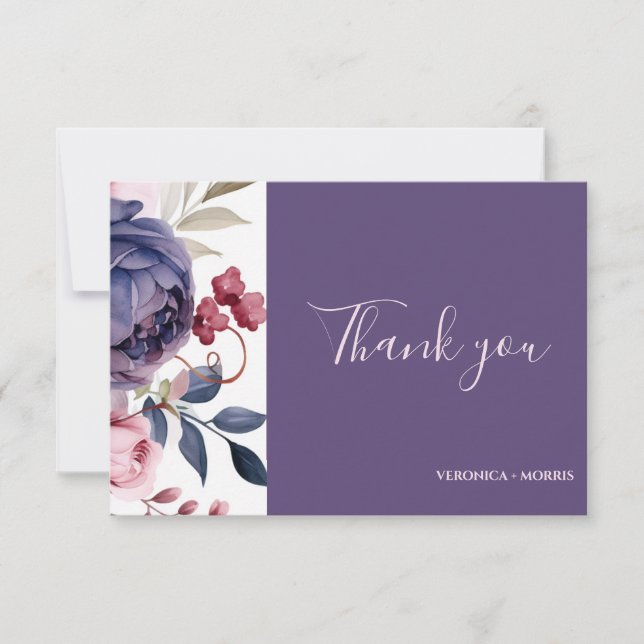 Dusty purple rose floral wedding thank you card (Front)