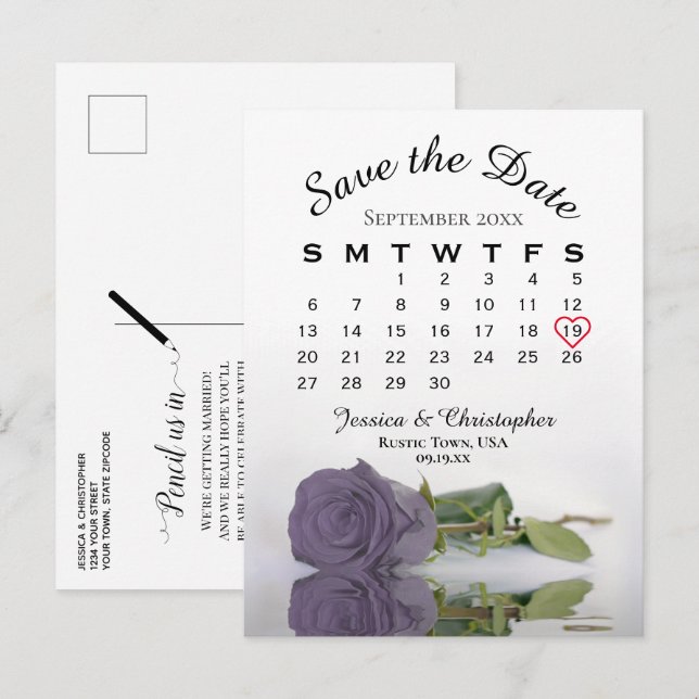 Dusty Purple Rose Wedding Calendar Save the Date Announcement Postcard (Front/Back)