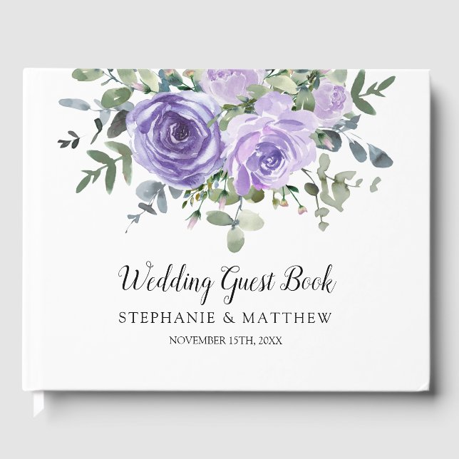 Dusty Purple Roses Eucalyptus Botanical Wedding Guest Book (Front)