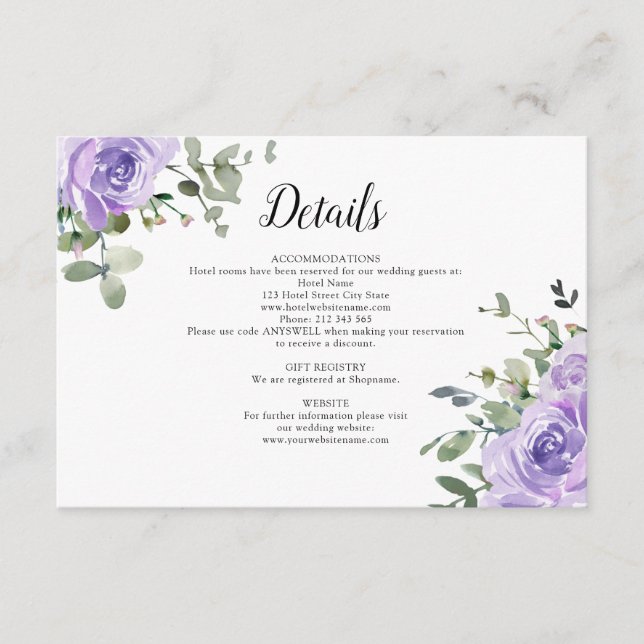 Dusty Purple Roses Eucalyptus Wedding Details Enclosure Card (Front)