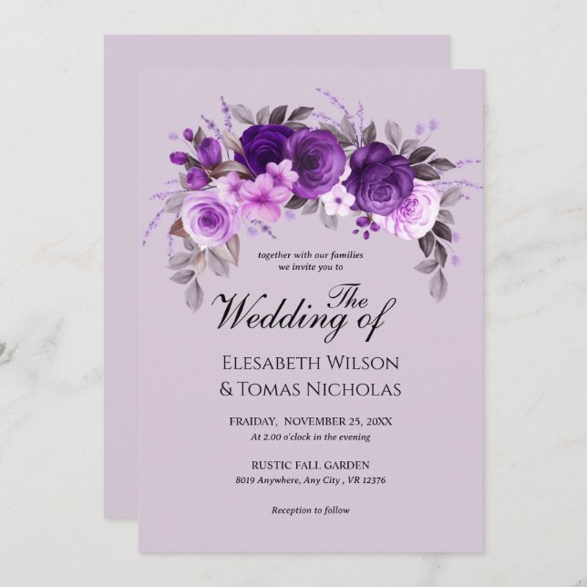 Dusty Purple Roses & Greenery silver Wedding  Invitation (Front/Back)