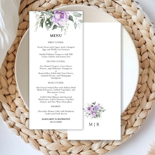 Dusty Purple Rustic Floral Wedding Menu (Creator Uploaded)