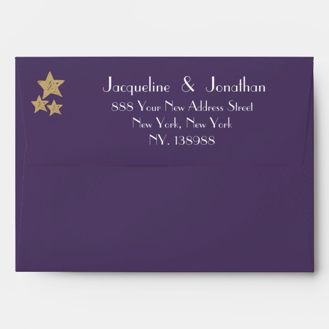 Dusty Purple Script Name Address GoldStars Wedding Envelope (Back (Top Flap))