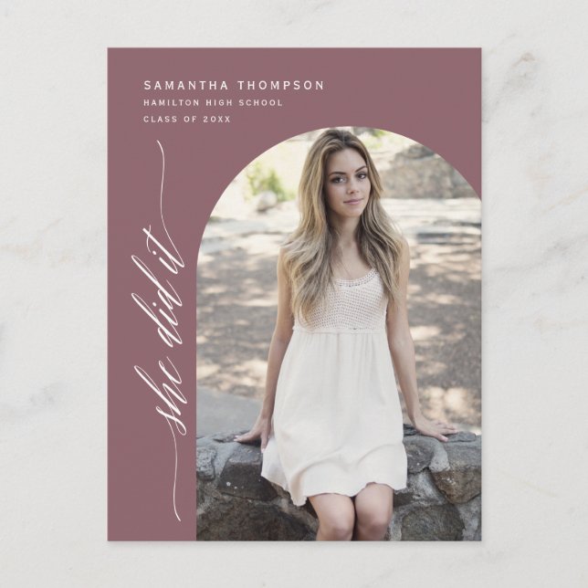 Dusty Purple She Did It Graduation Arch Photo Post Postcard (Front)