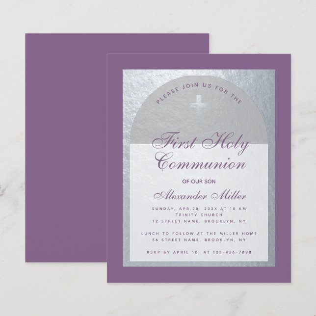 Dusty Purple Silver Boy First Communion Invitation (Front/Back)