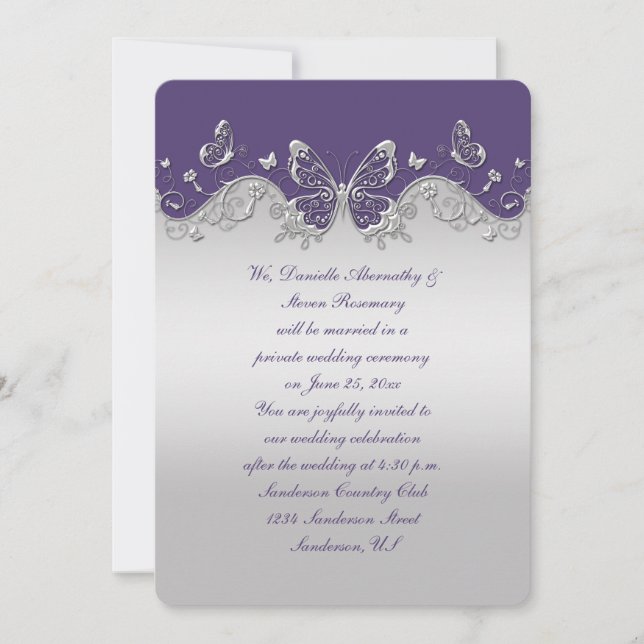 Dusty Purple Silver Butterflies Reception Only Invitation (Front)
