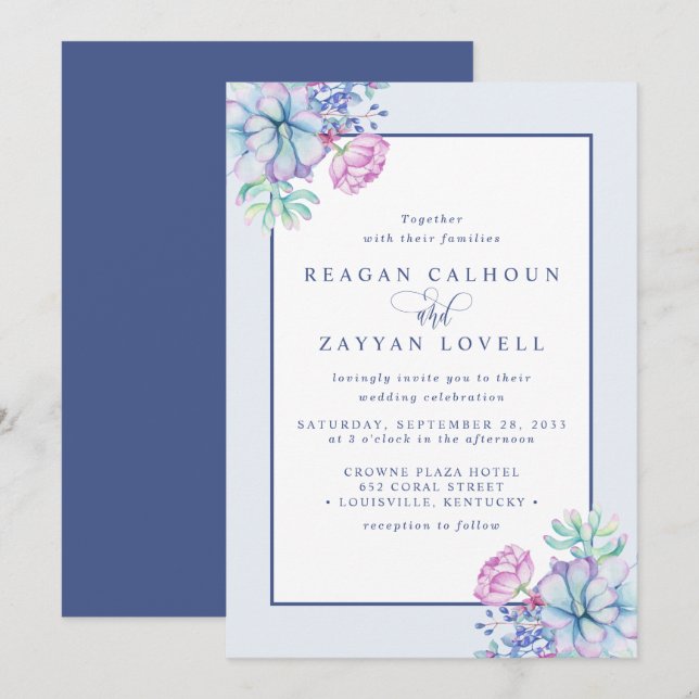 Dusty Purple Succulent Botanical Wedding Invitation (Front/Back)
