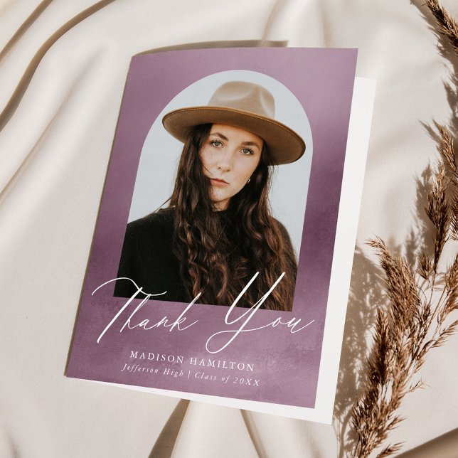 Dusty Purple Watercolor Arch Photo Graduation Thank You Card (Creator Uploaded)