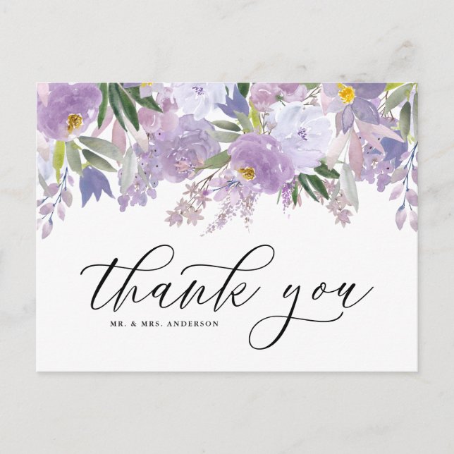 Dusty Purple Watercolor Flowers Garland Thank You Postcard (Front)