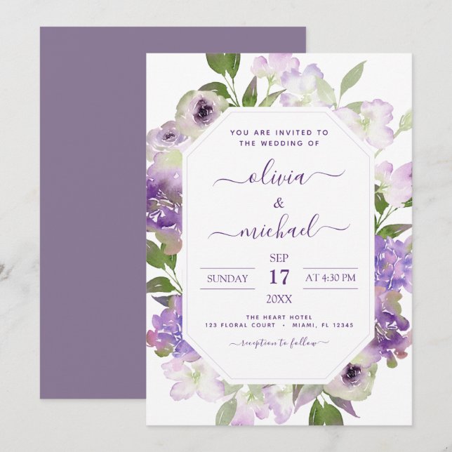 Dusty Purple Wedding Floral Greenery Invitation (Front/Back)