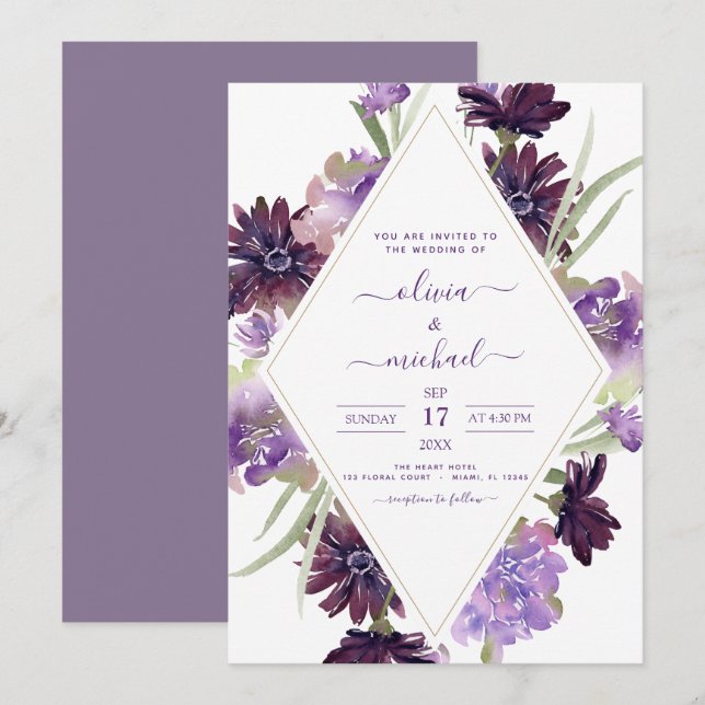 Dusty Purple Wedding Floral Greenery Invitation (Front/Back)