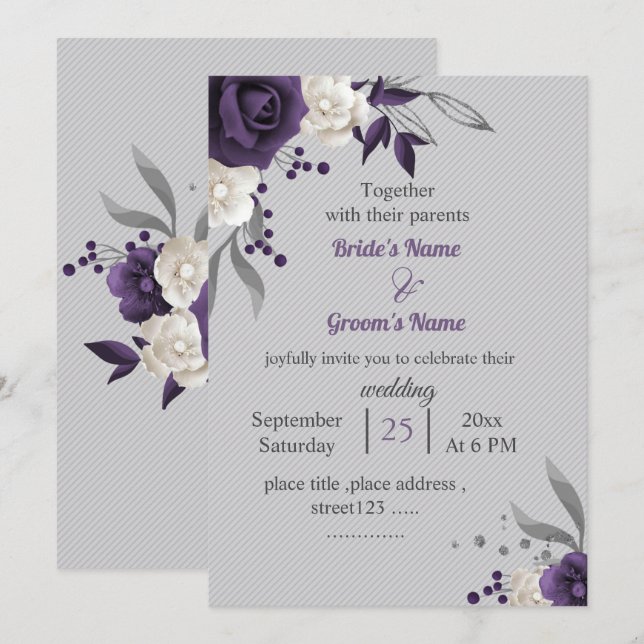 Dusty purple white floral grey wedding invitation (Front/Back)