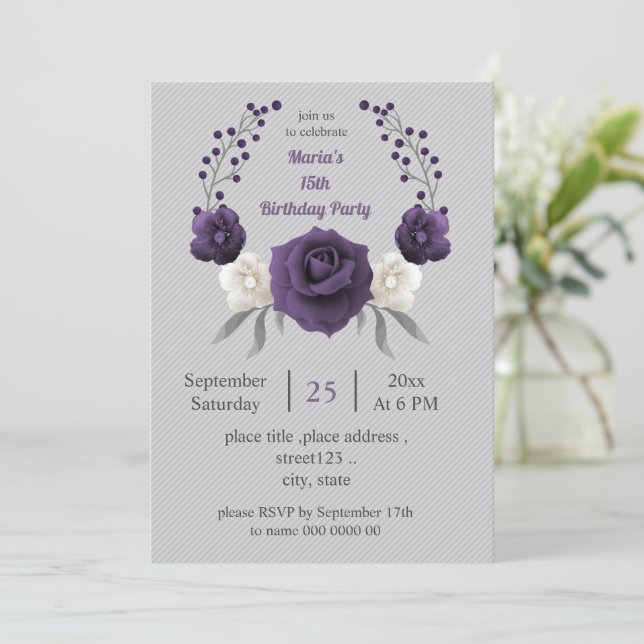 dusty purple & white floral wreath grey birthday invitation (Standing Front)