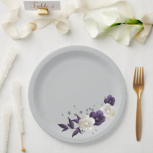 dusty purple white flowers botanical paper plate