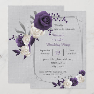 dusty purple white flowers geometric birthday invitation