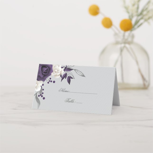 dusty purple & white flowers grey place card (Front)