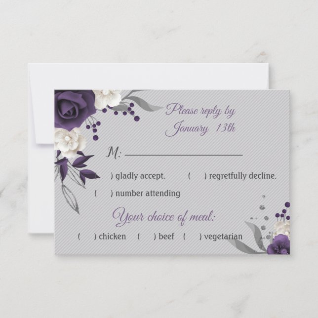 Dusty purple white flowers grey  RSVP card (Front)