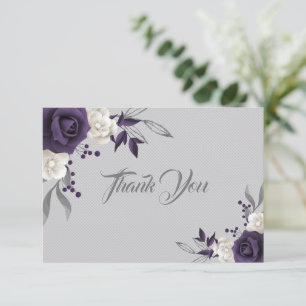 dusty purple white flowers grey thank you card