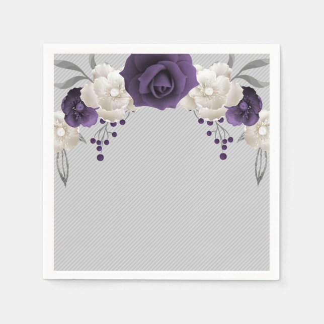 dusty purple white flowers grey wedding napkin (Front)
